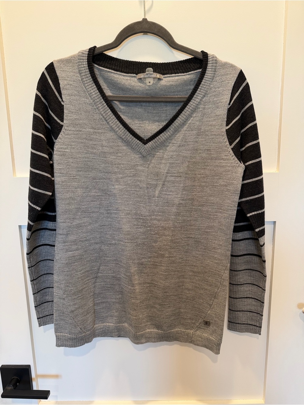 Smartwool Womens V-Neck Sweater in Gray with Black Striped Sleeves